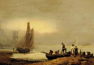 Thomas Luny - Fishermen On The Foreshore At Dartmouth With The Castle Beyond