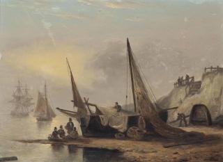 Thomas Luny - Fishermen Sitting By Their Boat, Low-Tide, Devon
