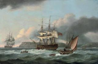 Thomas Luny - H.M.S. Bellerophon at anchor off Torbay, but making sail with the defeated Emperor Napoleon aboard, 26th July 1815