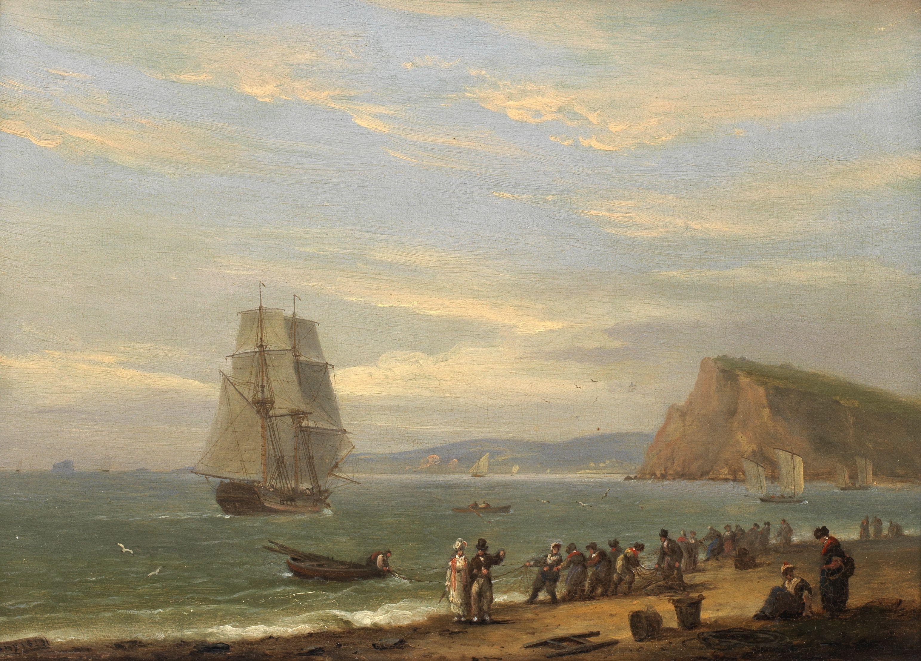Thomas Luny - Hauling in the nets on Teignmouth beach, Devon, with Ness Point beyond