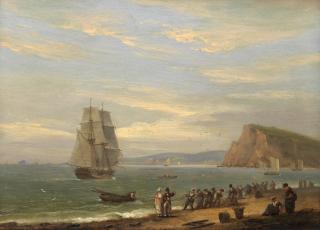 Thomas Luny - Hauling in the nets on Teignmouth beach, Devon, with Ness Point beyond