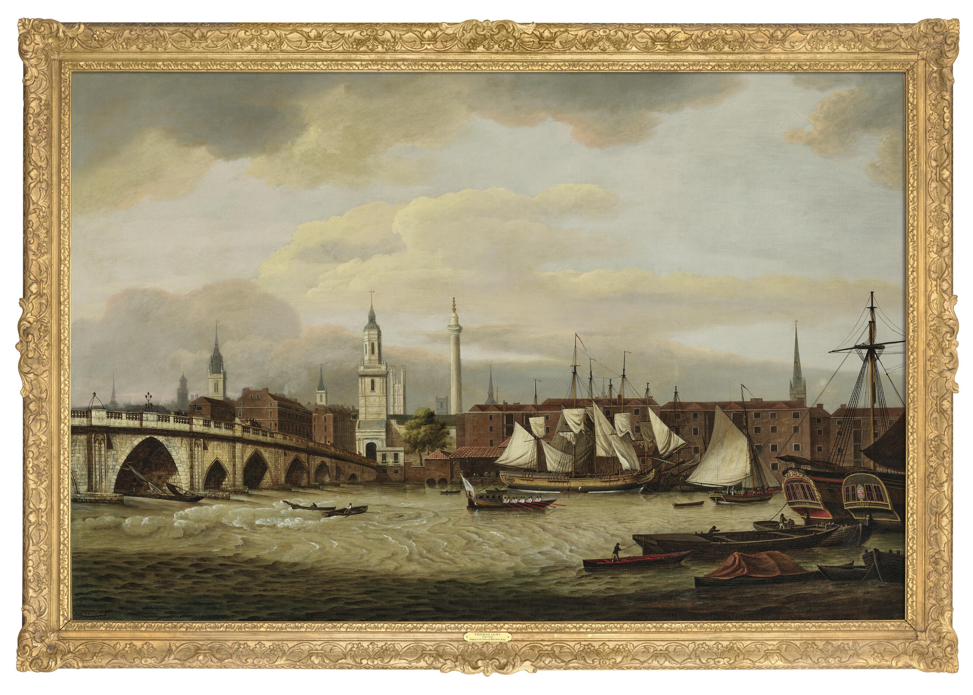 Thomas Luny - Merchant shipping at the wharfside below Old London Bridge, with the Church of St. Magnus the Martyr and Wren\'s \'Monument\'