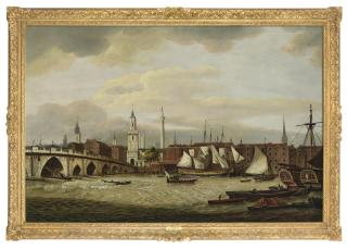 Thomas Luny - Merchant shipping at the wharfside below Old London Bridge, with the Church of St. Magnus the Martyr and Wren\'s \'Monument\'
