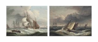 Thomas Luny - Merchantmen in a stiff breeze off a headland; and Windschips in a freshening breeze on the Scheldt (both illustrated)