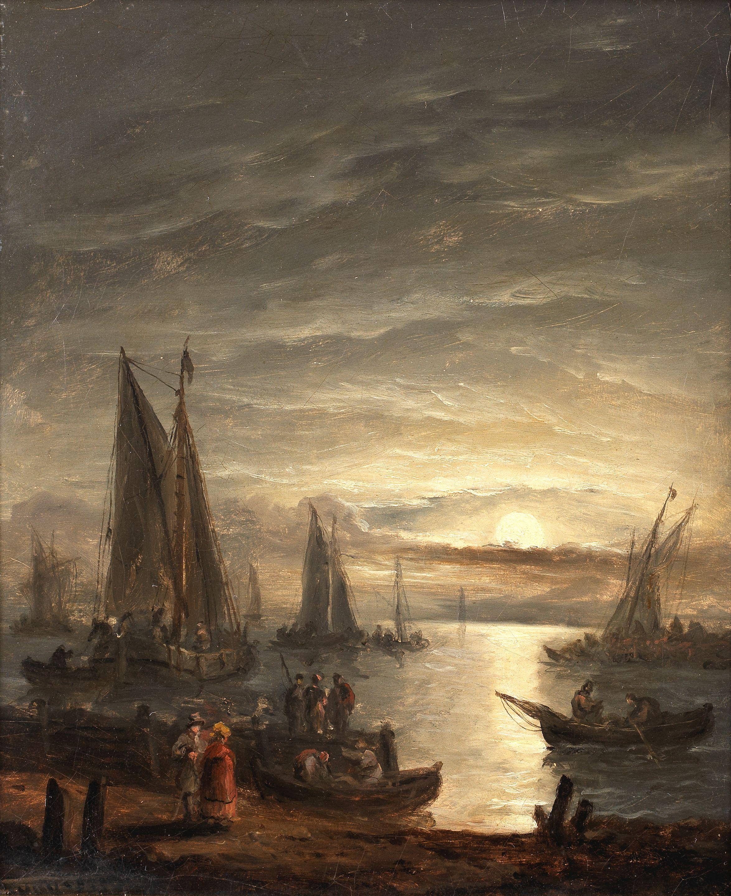Thomas Luny - Passengers disembarking a boat at moonlight; A beached rowing boat with fishermen, a pair each 30.8 x 25.7cm (12 1/8 x 10 1/8in). (2)