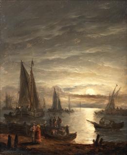 Thomas Luny - Passengers disembarking a boat at moonlight; A beached rowing boat with fishermen, a pair each 30.8 x 25.7cm (12 1/8 x 10 1/8in). (2)