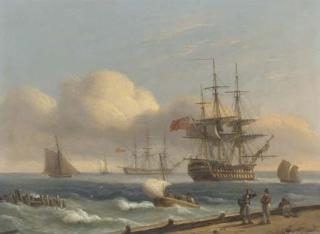 Thomas Luny - Royal Naval warships lying at anchor in a stiff breeze