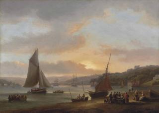 Thomas Luny - Shipping on the River Dart at Dittisham, Devonshire, with women selling fish in the foreground