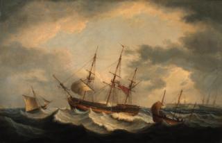 Thomas Luny - Ships sheltering from a gale in the Downs, amongst them a frigate in distress