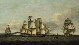 Thomas Luny - The British merchantman Tyson in three positions off Dover, in-bound for London and requesting a pilot
