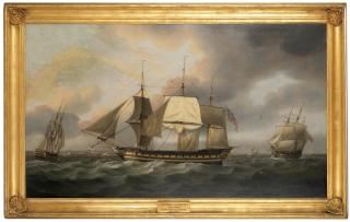 Thomas Luny - The East Indiaman Belvedere in three positions off Portsmouth, the central image showing her heaving-to and awaiting the arrival of a pilot