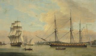 Thomas Luny - The Monsieur in two positions off Deptford dockyard, with Greenwich beyond
