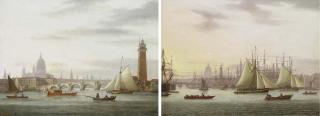Thomas Luny - View of Blackfriars Bridge and the Thames with St. Paul\'s Cathedral beyond; and View of the Pool of London with St. Paul\'s beyond