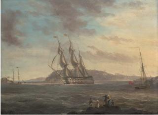 Thomas Lyde Hornbrook - A First Rate making her way down Plymouth Sound in a stiff breeze, with Drake\'s Island off her starboard bow