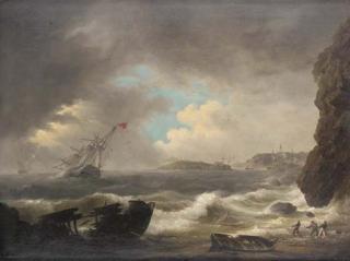 Thomas Lyde Hornbrook - The aftermath of the Great Gale - a frigate in distress in Plymouth Sound with two wrecks off Drake\'s Island