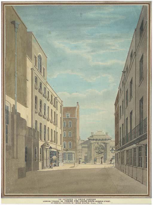 Thomas Malton, Jun. - The Entrance to Spring Gardens looking towards the Phoenix Fire-Engine-House, Old Cockspur Street, circa 1790