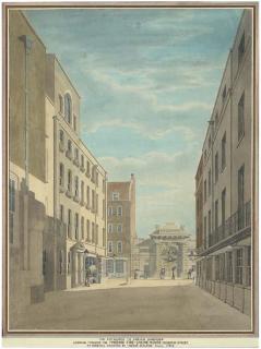 Thomas Malton, Jun. - The Entrance to Spring Gardens looking towards the Phoenix Fire-Engine-House, Old Cockspur Street, circa 1790