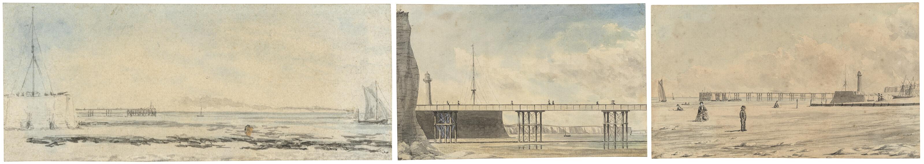 Thomas Matthew Rooke, R.W.S. - Three views of Margate, Kent: Margate jetty from Hodge\'s Flagstaff; Margate pier and jetty from the fort; and Margate pier and jetty from the infirmary