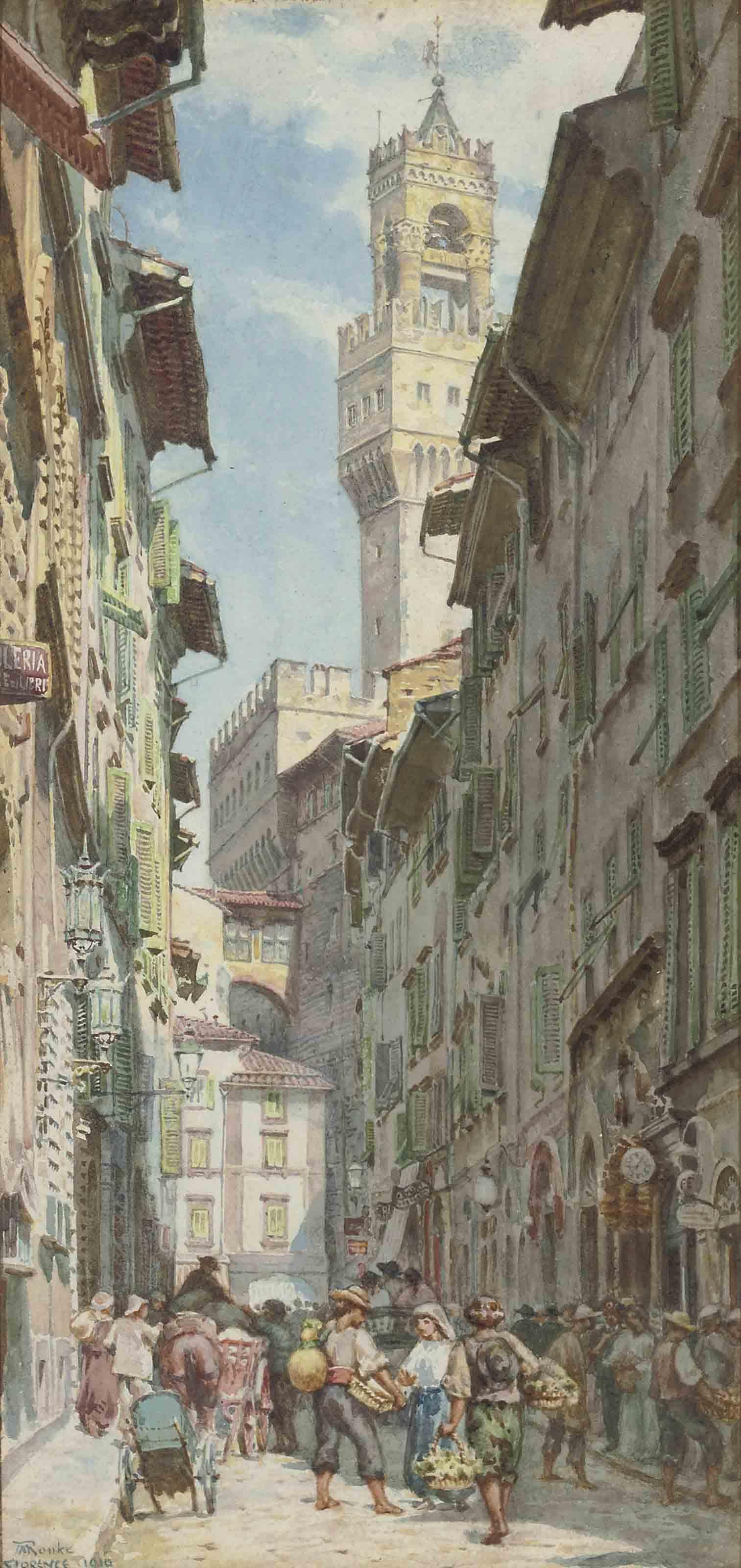 Thomas Matthews Rooke, R.W.S. - A busy street, Florence, with the Palazzo Vecchio beyond