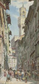 Thomas Matthews Rooke, R.W.S. - A busy street, Florence, with the Palazzo Vecchio beyond