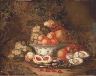 Thomas Mertens - Grapes, Peaches And A Pomegranate In A Blue And White Porcelain Bowl With Peaches And Shrimps In A Pewter Plate On A Forest Floor, With Grapes, Oysters And A Snail