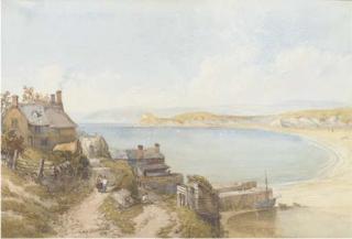 Thomas Miles Richardson, R.W.S. - Figures on a coastal path, with boats in the bay beyond