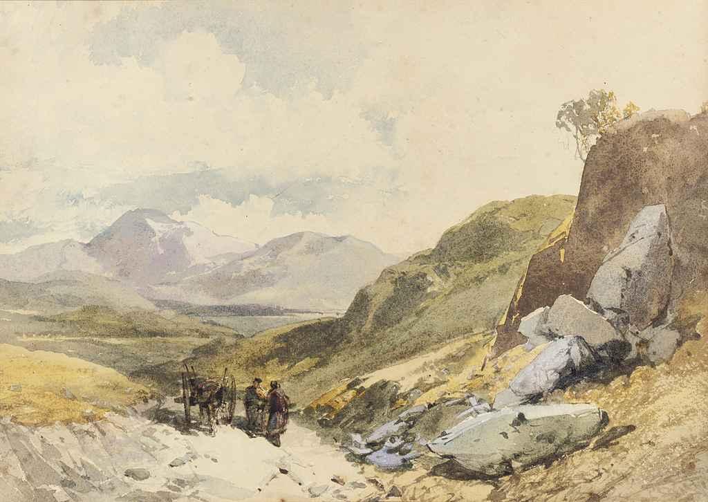 Thomas Miles Richardson, Sen. - A Highland landscape with figures conversing by a horse-drawn cart (illustrated); and Keswick, the Lake District