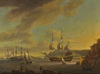 Thomas Mitchell - British view Of Plymouth Sound With A Third Rate British Man Of War And Other Shipping In The Roads Off Drake\'S Island