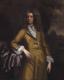 Thomas Murray - Portrait of a gentleman, traditionally identified as Sir Bulstrode Whitelock (1605-1675), three-quarter-length, in a yellow coat, against a rocky outcrop, a landscape beyond