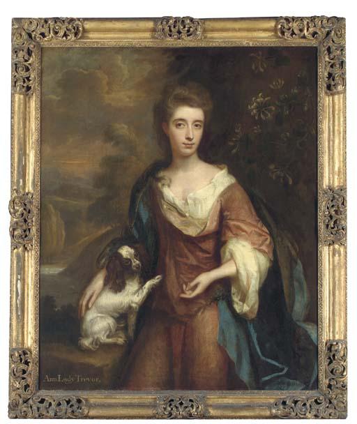 Thomas Murray - Portrait of Anne, Lady Trevor, Three-Quarter-Length, In A Pink Dress With Blue Cloak, Her Right Hand Resting On A King Charles Spaniel, Honeysuckle To Her Left, A Wooded River Landscape With A Castle Beyond