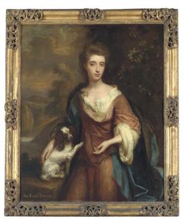 Thomas Murray - Portrait of Anne, Lady Trevor, Three-Quarter-Length, In A Pink Dress With Blue Cloak, Her Right Hand Resting On A King Charles Spaniel, Honeysuckle To Her Left, A Wooded River Landscape With A Castle Beyond