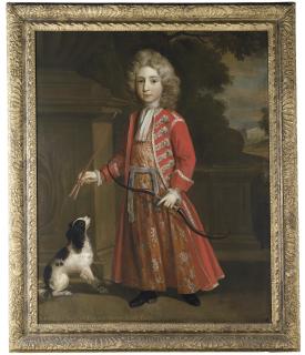 Thomas Murray - Portrait of Jonathan Stanyforth, full-length, in a red coat, with a dog, in a park landscape