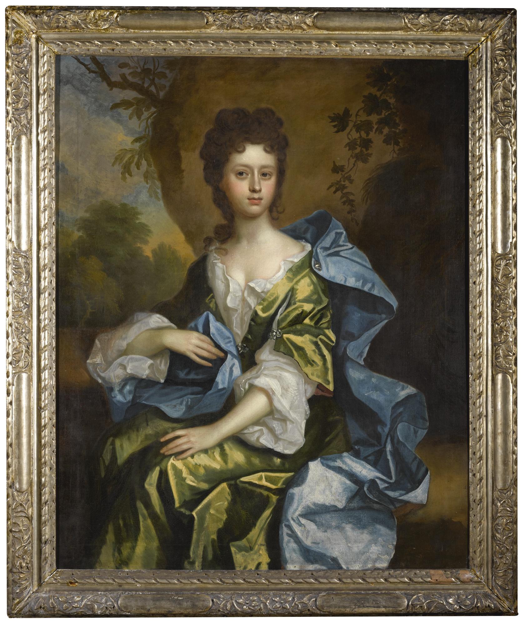 Thomas Murray - Portrait Of Rebecca Norton (Circa 1683-1731), Three-Quarter-Length, Seated In A Landscape, Wearing A Green Dress And Blue Cloak