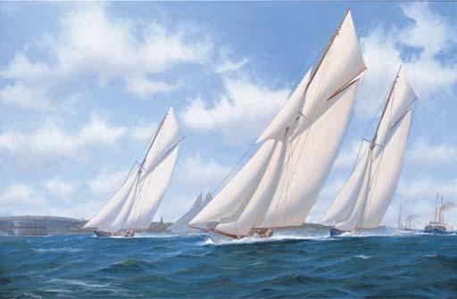 Thomas Oliver - Big class yachts, Vigilant, Britannia and Satanita racing off Ryde, 1894