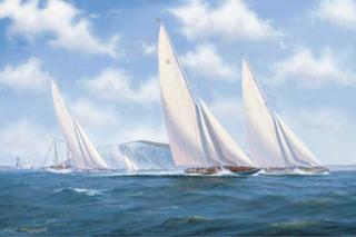 Thomas Oliver - J-class yachts Endeavour, Yankee and Velsheda racing off the Isle of Wight after rounding the Needles, 1935