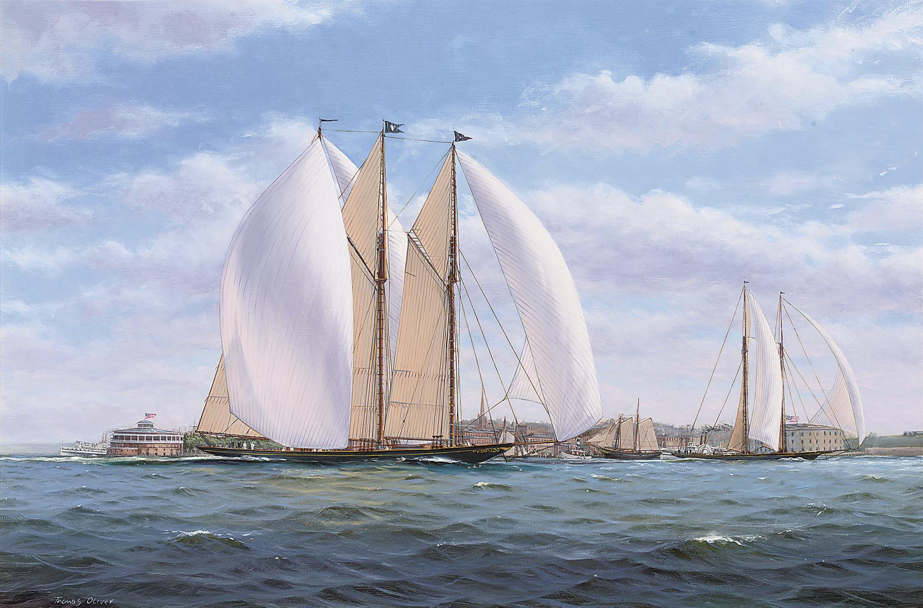 Thomas Oliver - The New York Yacht Club\'s three-masted racing schooner Atlantic racing off Castle Gardens, New York Harbour, 1905