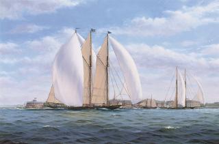 Thomas Oliver - The New York Yacht Club\'s three-masted racing schooner Atlantic racing off Castle Gardens, New York Harbour, 1905
