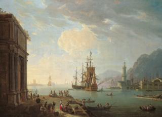Thomas Patch - A Mediterranean Seaport, With A Triumphal Arch, Figures On The Quay, A British Man-O\'War And Other Shipping