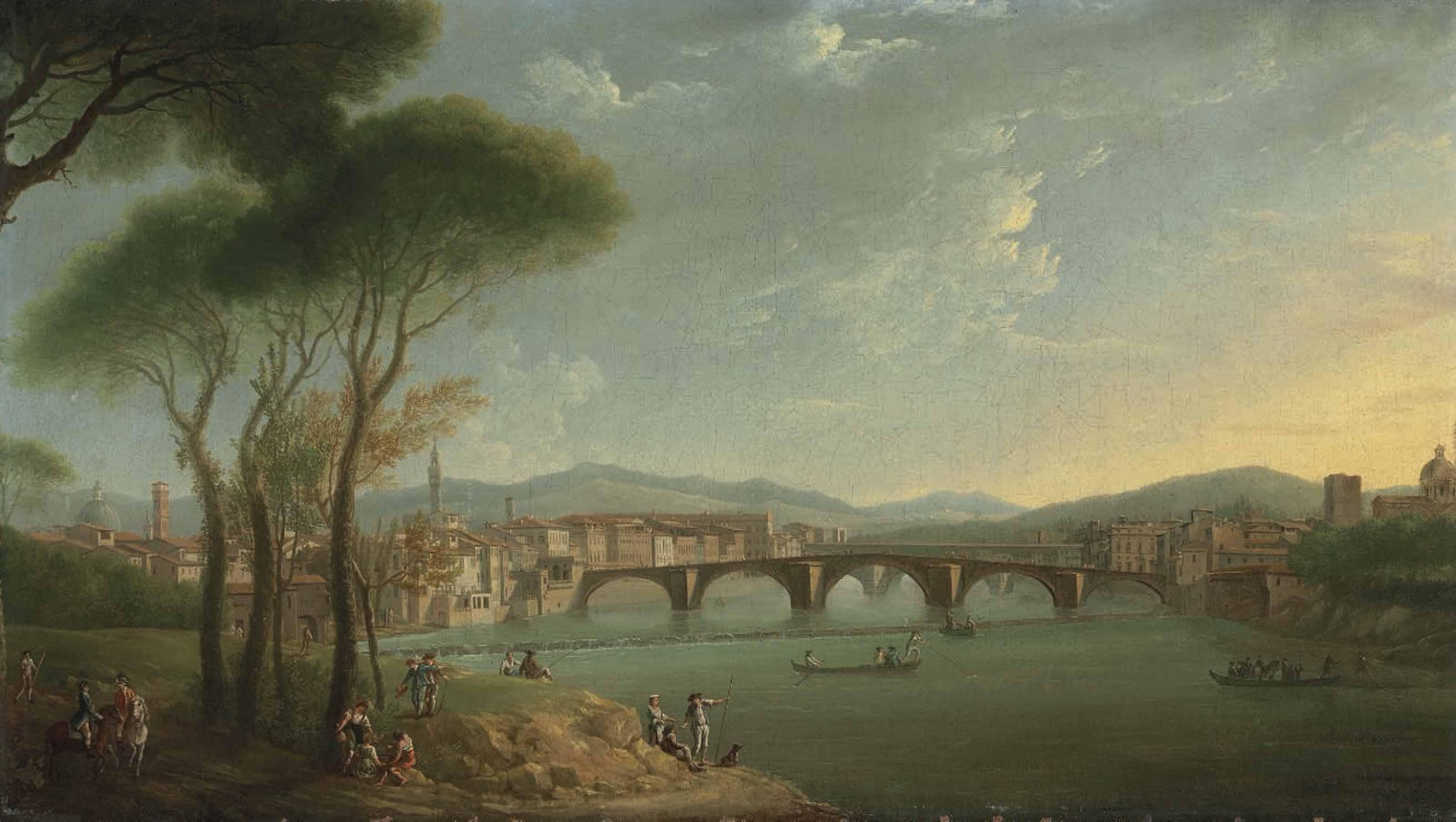 Thomas Patch - A View Of The Arno, Florence, From The Cascine Gardens, With Figures Fishing And Resting On The Rocks In The Foreground, The Ponte Alla Carità And The Ponte Vecchio Beyond
