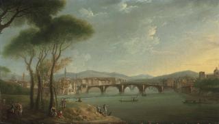 Thomas Patch - A View Of The Arno, Florence, From The Cascine Gardens, With Figures Fishing And Resting On The Rocks In The Foreground, The Ponte Alla Carità And The Ponte Vecchio Beyond