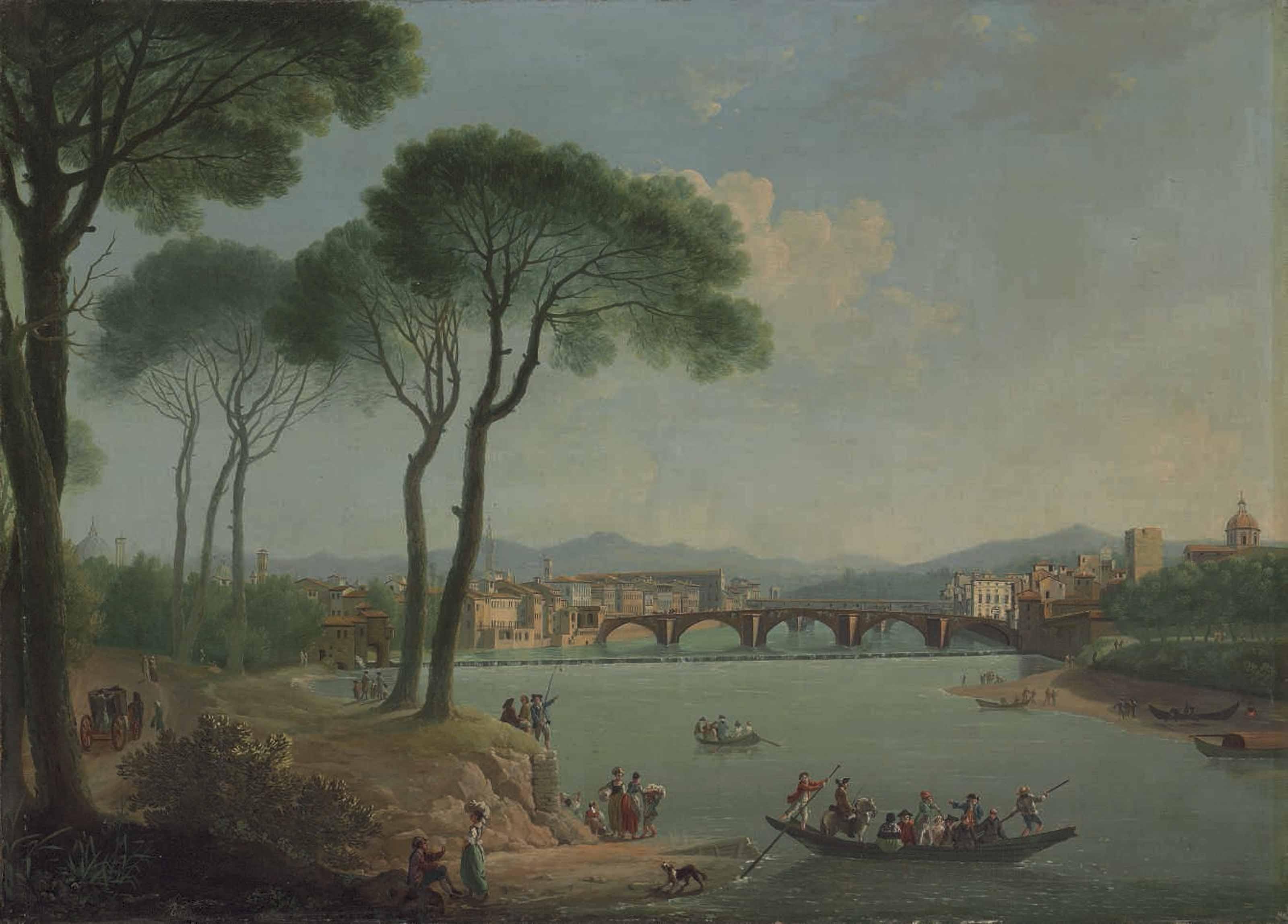 Thomas Patch - A view of the Arno, Florence, from the Cascine Gardens, with the Ponte alla Carità, the Ponte Vecchio beyond