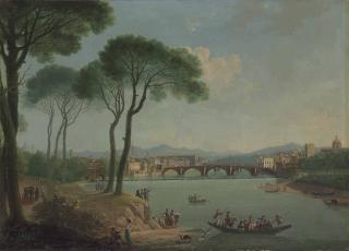 Thomas Patch - A view of the Arno, Florence, from the Cascine Gardens, with the Ponte alla Carità, the Ponte Vecchio beyond
