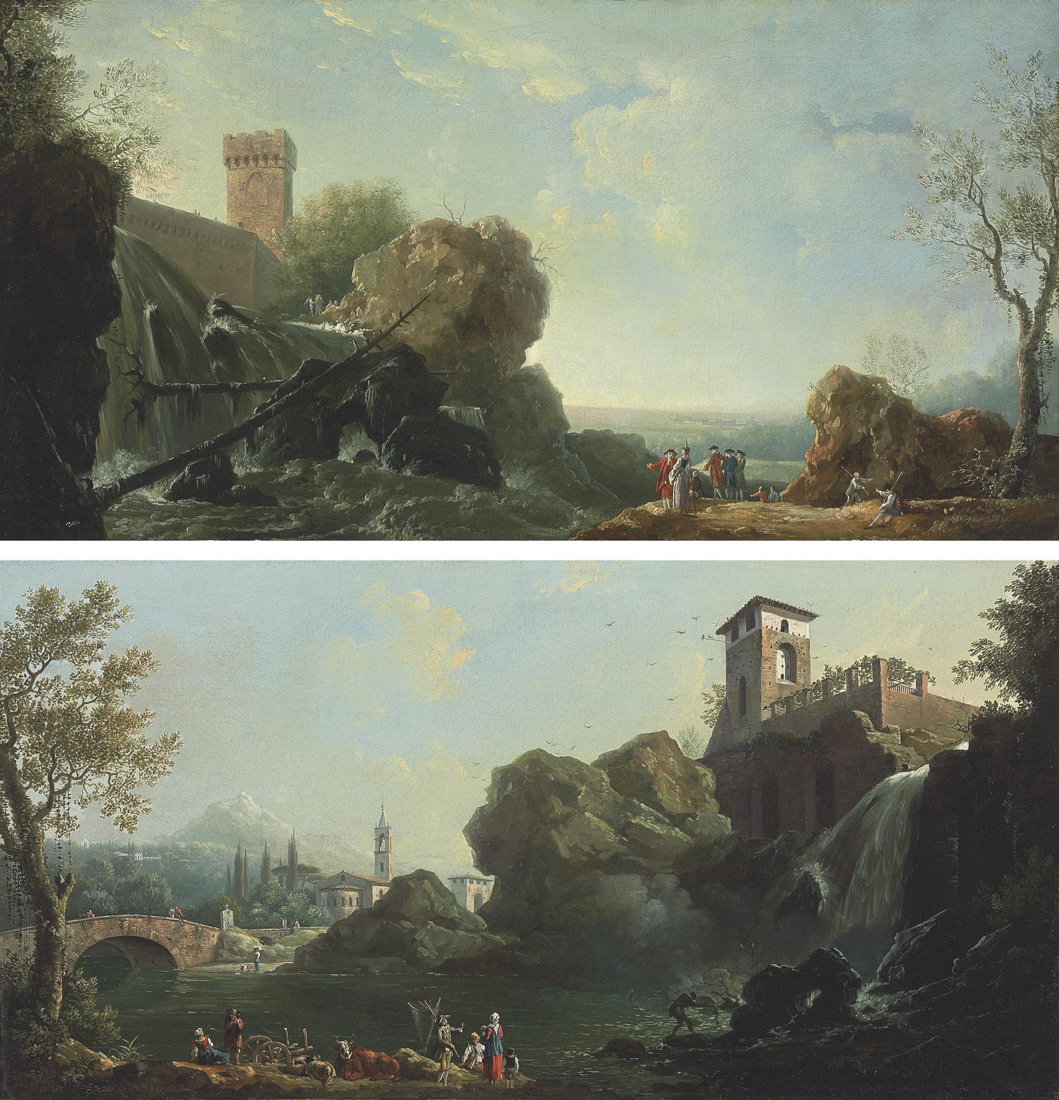 Thomas Patch - An Italianate landscape with elegant figures by a waterfall; and An Italianate river landscape with fishermen, a church and a bridge beyond