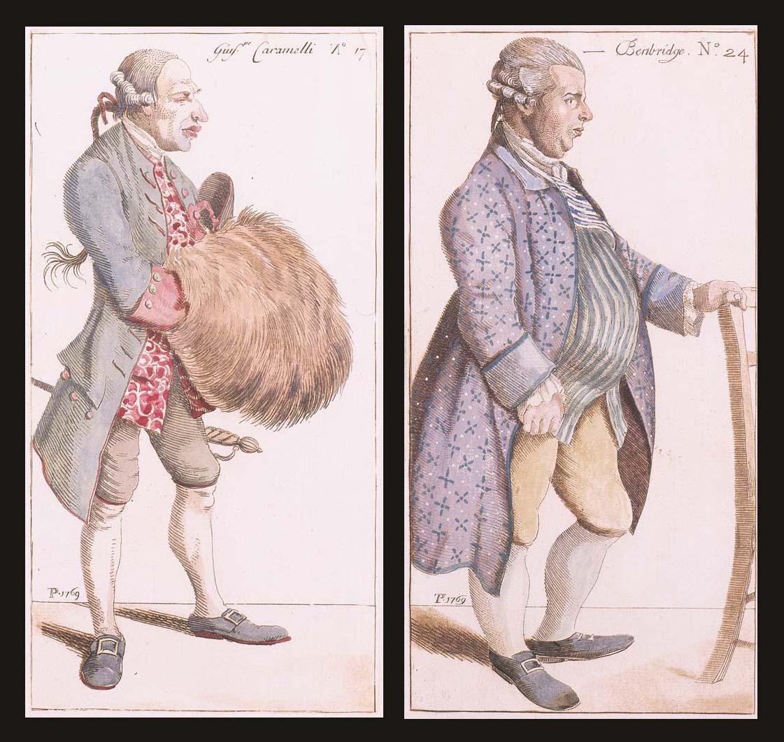 Thomas Patch - Seven etchings of caricatures of Florentine individuals, each named, No. 18 - No. 19 and No. 21 - No. 24, with contemporary (autograph?) watercolour, with full margins, dated in the plate 1769