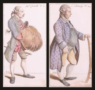 Thomas Patch - Seven etchings of caricatures of Florentine individuals, each named, No. 18 - No. 19 and No. 21 - No. 24, with contemporary (autograph?) watercolour, with full margins, dated in the plate 1769