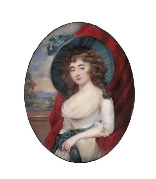 Thomas Peat - Mrs Martyr, In Low-Cut White Dress With Fichu, Holding Her Green Sash In Her Left Hand, Wide Green Hat With Green Ribbon In Her Long Dark Curling Hair; Red Curtain Background With Stone Ledge And Landscape Beyond