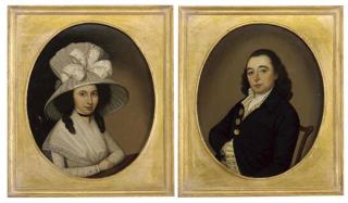 Thomas Peat - Portrait of a gentleman, seated small half-length, in a blue coat and striped waistcoat; and Portrait of a lady, seated small half-length, in a white striped dress and ribboned hat