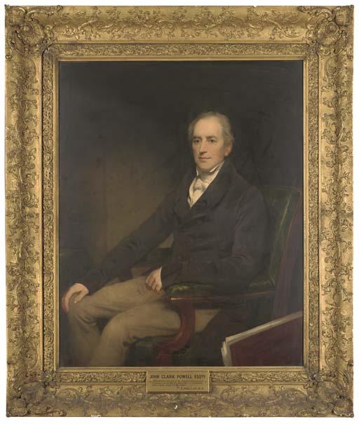 Thomas Phillips, R.A. - Portrait of John Clark Powell Esq., seated three-quarter-length, in a brown coat, with a folio inscribed \'London Assur/Corporation\' leaning against his chair