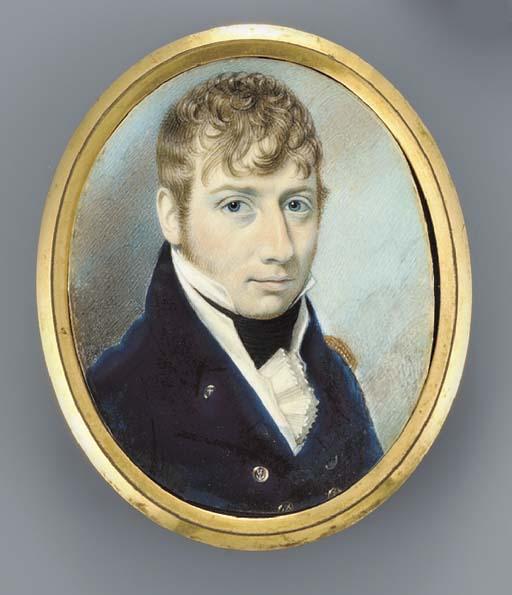 Thomas Richmond - A Naval officer, facing right in blue coat with gold buttons and gold epaulette, white waistcoat, frilled cravat and black stock