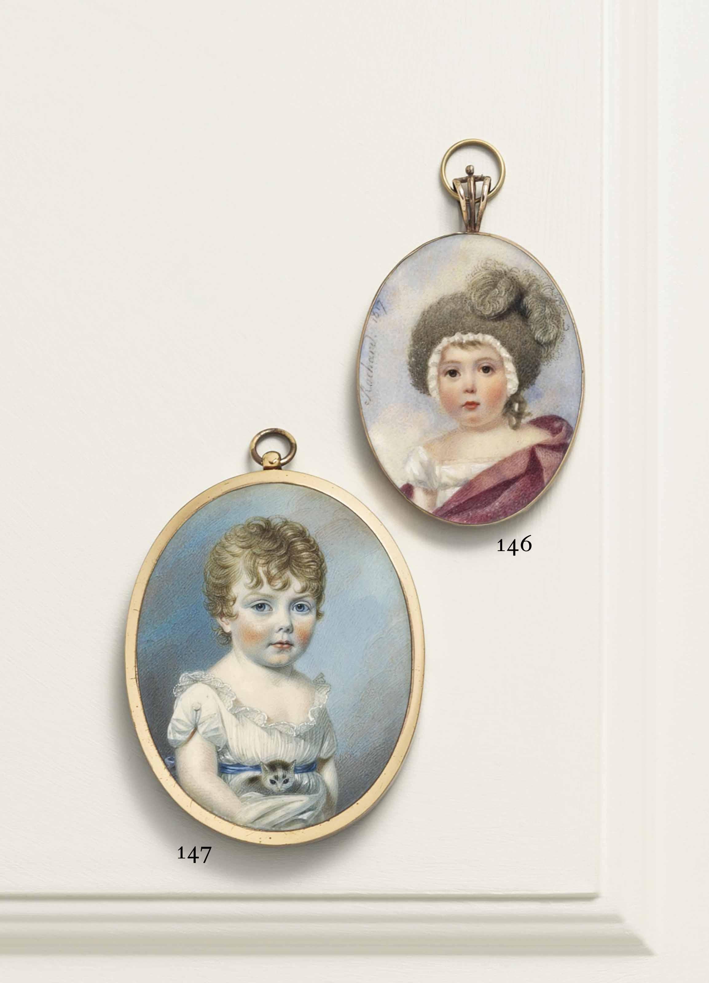 Thomas Richmond - Emma Richmond (1797-1880), Daughter Of The Artist, In Lace Trimmed White Dress Tied With Blue Sash, Short Curling Fair Hair, Holding A Kitten On Her Lap; Sky Background